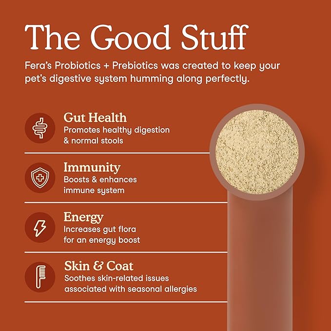 Fera Pets Probiotics for Dogs & Cats with Prebiotics - USDA Organic - Gut Health Powder Supplement with 12 Strains and 5 Billion CFUs - Supports Immunity, Energy and Skin & Coat - 60 Scoops-PurrikoPets