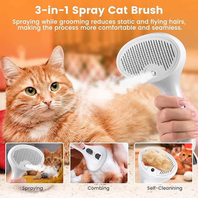 3 in 1 Cat Steam Brush for Cats & Dogs, Pet Spray Hair Removal Comb for Shedding & Grooming, Rechargeable Water Brush for Long & Short Haired Pets with Release Button(White)-PurrikoPets