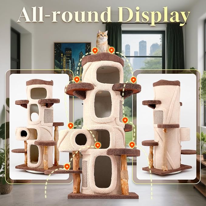 69.69'' Modern Cat Tree for Indoor Cats Large Adult, Luxury Cat Tower with Scratching Post, Multi Level Spacious Condo, Heavy Duty Kitty House, Sturdy Cat Activity Center for Large Cat-PurrikoPets