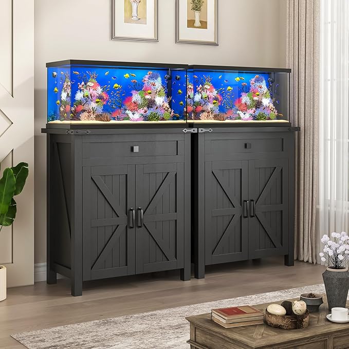 20 Gallon Aquarium Stand With Charging Station, Farmhouse Fish Tank Stand, Reptile Tank Stand Terrarium Stand with Drawer and Cabinet Storage, Sturdy Heavy Duty 27.6"×15.7" Tabletop - Black-PurrikoPets