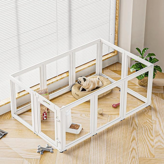 Dog Playpen Transparent Puppy Playpen Indoor, Easy Assemble & Disassemble Clear Pet Playpen, Sturdy & Easy Cleaning Plastic Dog Fence with Suction Cup (23.6"" H, 10PCS), White-PurrikoPets