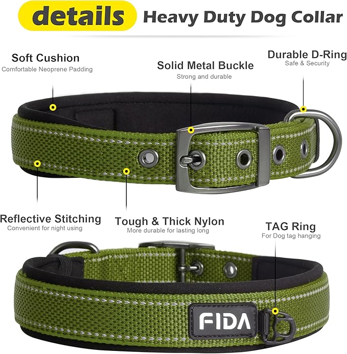 Fida Heavy Duty Dog Collar for Medium Dogs, Ultra Comfortable Soft Neoprene Padded, Adjustable Reflective Nylon Pet Collar with Durable Metal Belt Buckle for Medium Breeds (M, Green)-PurrikoPets