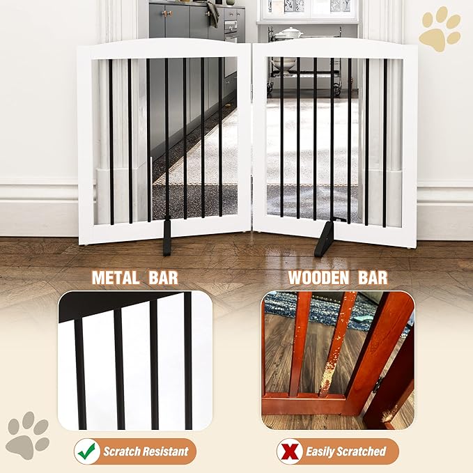 Freestanding Pet Gate for Dogs, Foldable Wooden Dog Gate for House, Indoor Pet Barrier for Stairs, Doorways, Support Feet Included, 24" Height 2 Panels, White-PurrikoPets