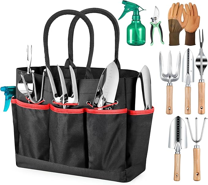 Garden Tools 9-Piece Heavy Duty Gardening Hand Tools with Fashion and Durable Garden Tools Organizer Handbag, Rust-Proof Garden Tools Set, Ideal Gardening Gifts for Women (Black Red)-PurrikoPets
