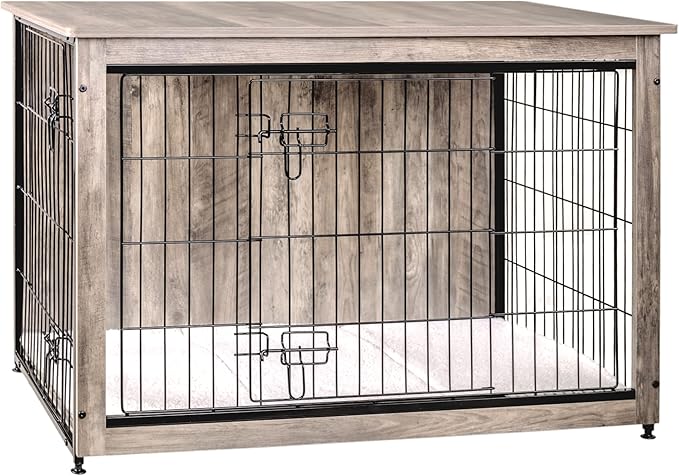 DWANTON Dog Crate Furniture with Cushion, Wooden Kennel Table with Double Doors, Indoor Dog House, Large Size, 38.5" L, Greige-PurrikoPets