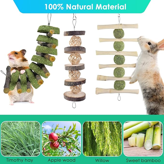 ERKOON Bunny Chew Toys, Rabbit Chew Toys for Teeth Grinding, Improve Dental Health, 100% Natural Apple Wood Timothy Grass Cake Treats for Rabbits Guinea Pigs Chinchillas Bunnies Hamsters (5 Pcs)-PurrikoPets