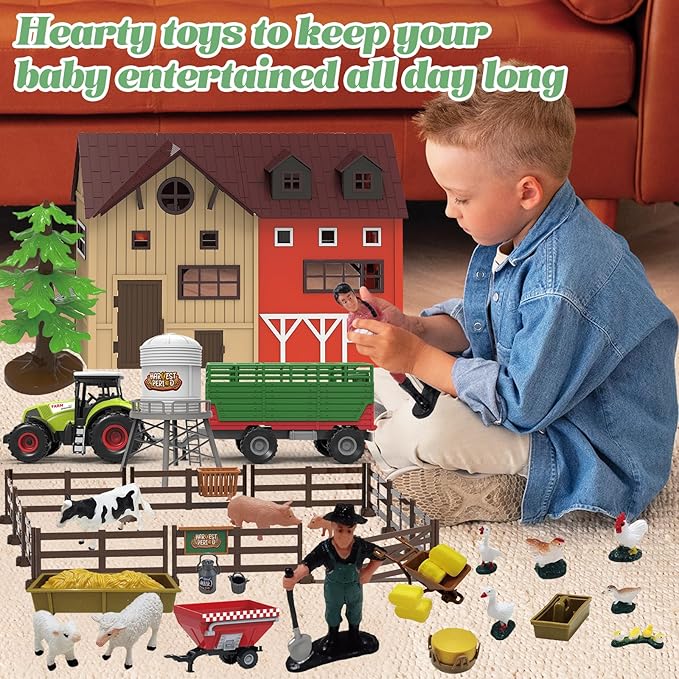 109PCS Farm Animals Toys Set Comes with Barn, Rice Storehouse, Rice Trolley, Milking shed, Farmer, Fence - Playset for Kids Toddlers Boys Girls 5+ Years Old-PurrikoPets