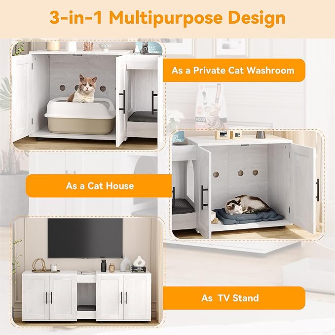 Gaomon Litter Box Enclosure with Double Cage, Cat House,Hidden Litter Box Enclosure Furniture for 2 Cats, Wooden Enclosed Cat Litter Box Furniture,55”L x 17.7”W x 22.5”H,White-PurrikoPets