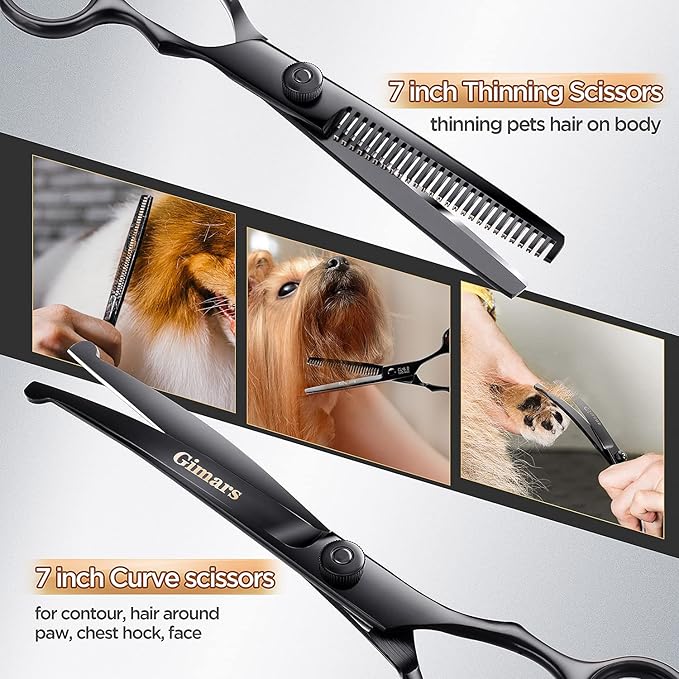 Gimars 7inch Professional 4CR Stainless Steel 6 in 1 Grooming Scissors for Dogs with Safety Round Tip, Heavy Duty Titanium Coated Pet Grooming Scissor for Dogs, Cats and Other Animals-PurrikoPets