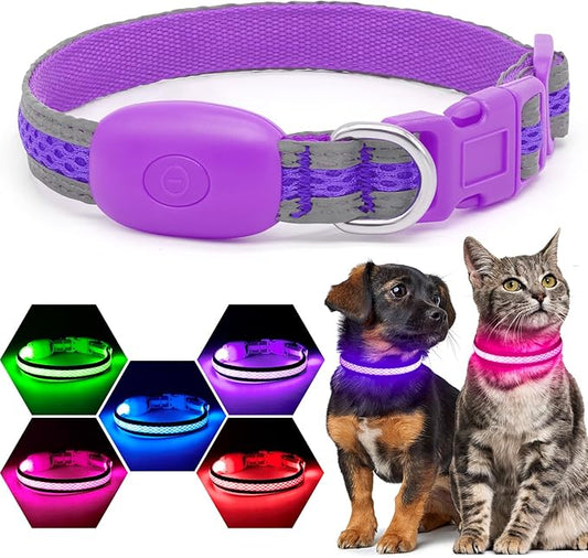 Flashseen LED Cat Collar,Light Up Dog Collar Rechargeable, Dog Lights for Night Walking, Comfortable Soft Mesh Pet Collar Adjustable for Cats Puppy and Small Dogs (Purple, XS)-PurrikoPets