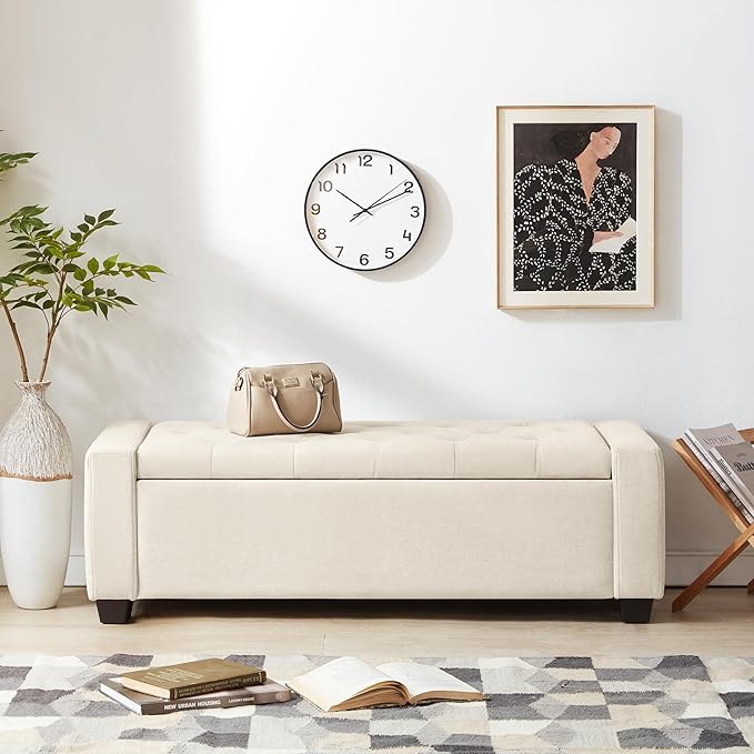 48" Ottoman with Storage, Storage Ottoman Bench with Safety Hinge, Upholstered Entryway Bench with Seating for Bedroom, Living Room, Holds up to 330 lb, Beige-PurrikoPets