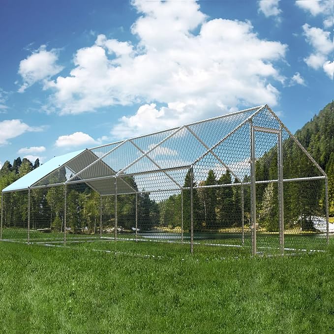 1.26’’ Large Metal Chicken Coop Walk in, Chicken Pen for Chickens, Outdoor Chicken Runs Coops Dog Kennel, Spire Roofed Chicken Runs for Yard with Anti-Ultraviolet Cover (9.8’Lx26.2’Wx6.4’H)-PurrikoPets
