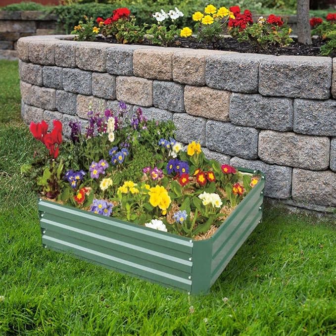 4x4x1ft Metal Raised Garden Bed Kit，Galvanized Garden Bed Box for Vegetables, Flowers, Herbs, and Succulents,120 Gallon Capacity - Green-PurrikoPets