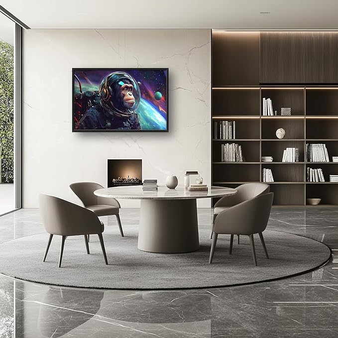 Framed Large Monkey Astronaut Wall Art, Oversized Chimpanzee Spacemen Wall Decor for Living Room, Outer Space Canvas Painting Pictures Modern Artwork for Living Room Bedroom Office 36"x24"-PurrikoPets