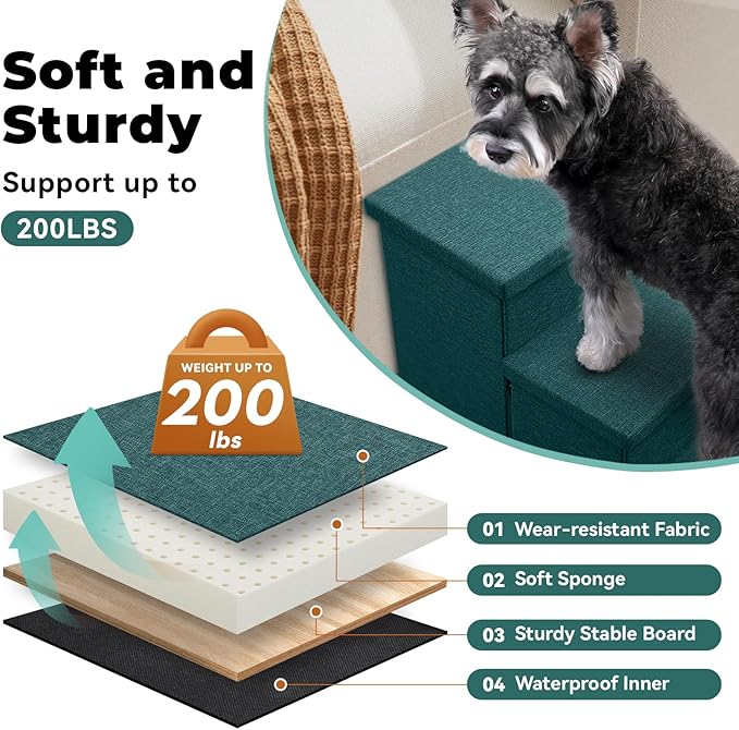 Dog Stairs with Storage 18" H, 3-Step Wider Dog Steps for Small/Medium/Large Old Dogs Cats, Folding Sturdy Pet Stairs for Climbing Bed Couch, Ramp for Car Hold Up to 200 lbs, Dark Green-PurrikoPets