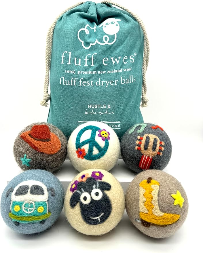 Fluff Ewes Wool Dryer Balls 6 Pack Premium New Zealand Wool Laundry Balls for Dryer, No Static Dryer Balls Laundry Reusable, XL Wool Dryer Balls Cute, Baby Dryer Balls for Dryers - Fluff Fest-PurrikoPets
