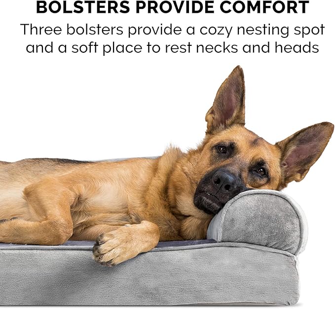 Furhaven Orthopedic Dog Bed for Large Dogs w/ Removable Bolsters & Washable Cover, For Dogs Up to 125 lbs - Faux Fur & Velvet Sofa - Smoke Gray, Jumbo Plus/XXL-PurrikoPets