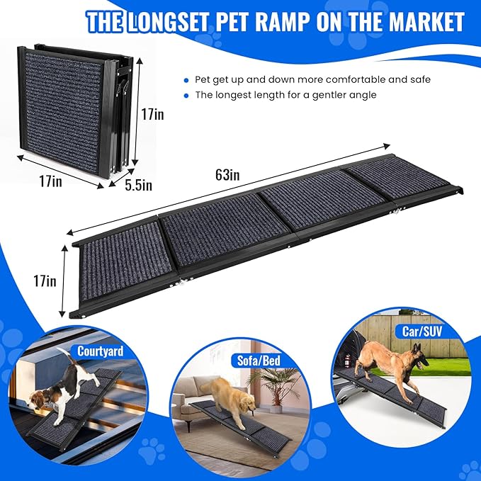 Dog Ramp for Car, 63"x17" Foldable Car Ramp for Dogs, Dog Car Dog Ramps for Large Dogs SUV, Car Dog Ramp with Non-Slip Rug Surface, Folding Dog Ramp for Truck, SUV-PurrikoPets