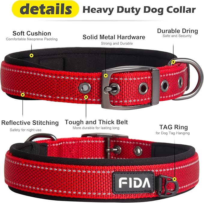 Fida Heavy Duty Dog Collar, Ultra Comfortable Soft Neoprene Padded, Adjustable Reflective Nylon Pet Collar with Durable Metal Belt Buckle for Medium Breeds (M, Red)-PurrikoPets