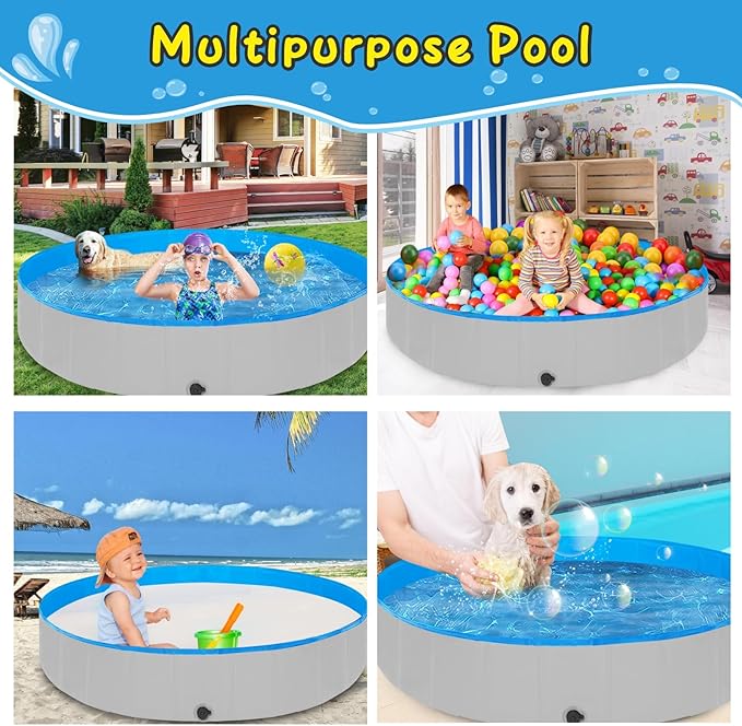 Foldable Dog Pool, 63" Kiddie Pool Hard Plastic, Portable Dog Swimming Pool for Large Dogs, Collapsible Pet Wading Pool & Bath Tub Outdoor Kids Pool Anti-Slip-PurrikoPets