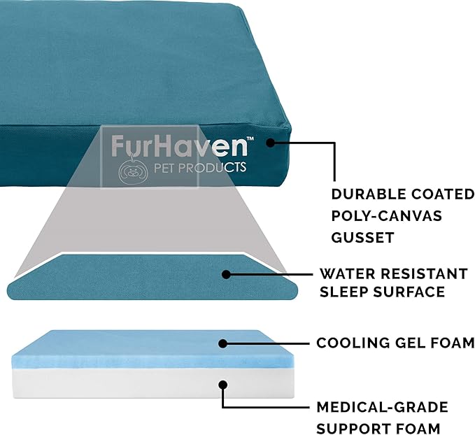 Furhaven Water-Resistant Cooling Gel Dog Bed for Large/Medium Dogs w/ Removable Washable Cover, For Dogs Up to 55 lbs - Indoor/Outdoor Logo Print Oxford Polycanvas Mattress - Deep Lagoon, Large-PurrikoPets