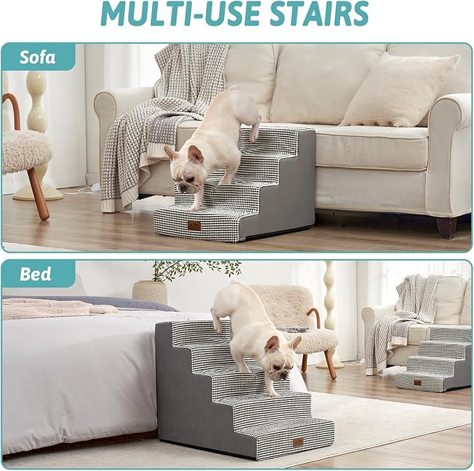 Dog Stairs for Small Dogs, 5 Tier Wider Pet Stairs for High Beds, 23.6" H Non-Slip Dog Steps for Old Cats, Puppies, Small Medium Dogs, 29.5x19.7x23.6 inch, White Black-PurrikoPets