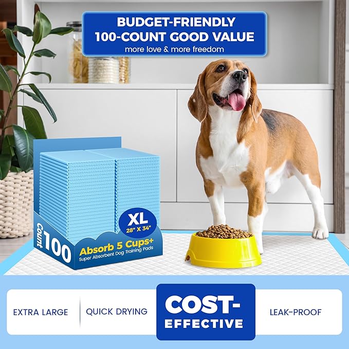 Dog Pee Pads Extra Large 28"x34" - 100 Pack Super Absorbent XLarge Puppy Pads 100 Count Leak-Proof Disposable XL Pet Potty Training Pads for Dogs, Puppies, Doggy-PurrikoPets