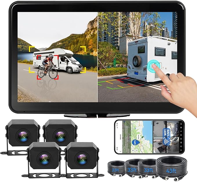 4CH 10.1 inch AI WiFi GPS RV Backup Camera Monitor System with Touch Screen and 4x1080P Waterproof Night Vision Cameras, Blind Spot Detection DVR Video Recorder for Truck Trailer Semi Camper Van Taxi-PurrikoPets