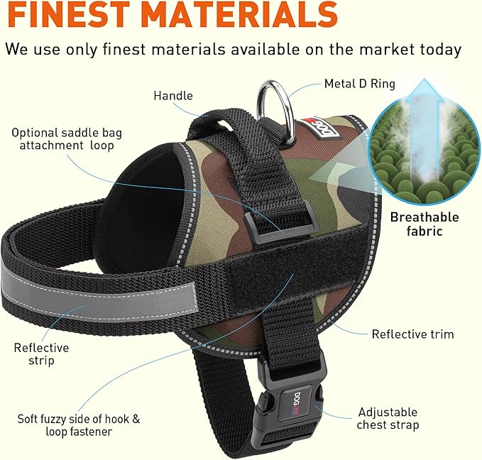 Dogline Dog Harness, Reflective No-Pull Adjustable Vest with Handle for Walking, Training, Breathable, No - Choke Harness for Small, Medium or Large Dogs Room for Patches Girth 33"-46" in Green Camo-PurrikoPets