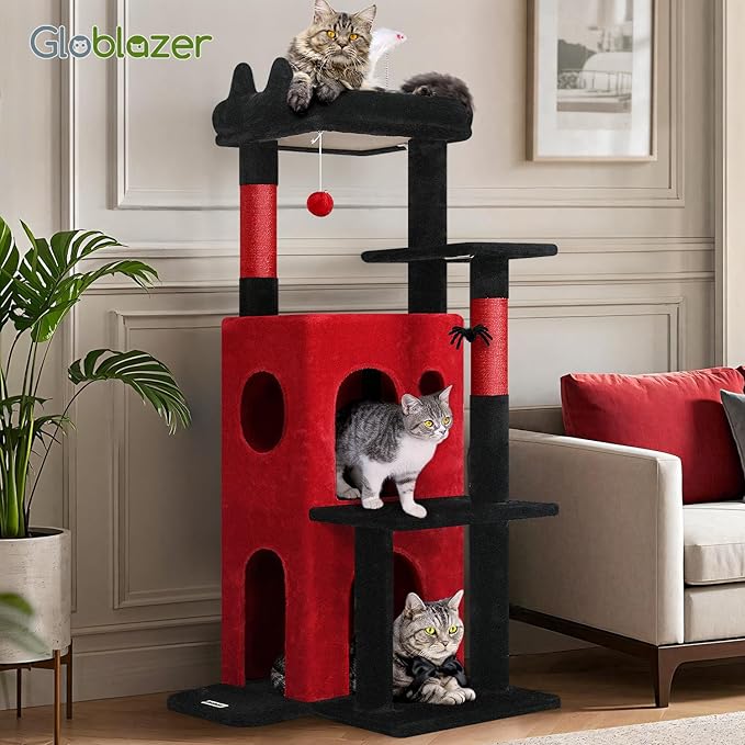 Globlazer Gothic Cat Tree Tower for Indoor Cats, 50-inch Goth Adult Cat Tree House for Large Adult Cats with Steps, Scratching Post, 2 Cat Caves, Dangling Toys, FC50, Blood-Goth-PurrikoPets
