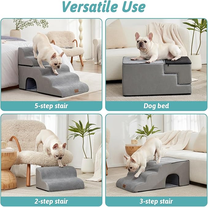 Extra Wide Dog Stairs with Tunnel, Detachable Large Pet Step for Small Medium Dog, Puppy or Cat, Ramp for High Bed, Couch, Sofa or Car, Stable, 19.7x33x22.4 inch, 5 Step, Grey-PurrikoPets