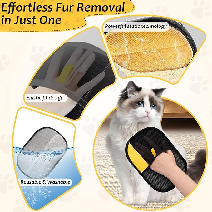 3 Pcs Pet Hair Removal Glove Set, Reusable Electrostatic Pet Hair Remover with Hair Remover Brush and Pet Comb, Upgrade Efficient Cats&Dogs Grooming Gloves for Clothes Furniture Carpet Seat-PurrikoPets