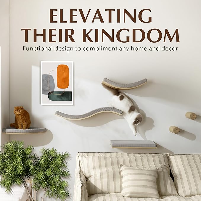 Extra Large 23.6”x12.6” CALLICO HAVEN- Stylish Cat Wall Shelves with Cushion, Modern Wall-Mounted Cat Tree Furniture, Window Cat Shelf & Perch, Sturdy/Hidden Mounts, Washable Cover - Flat Shape-PurrikoPets