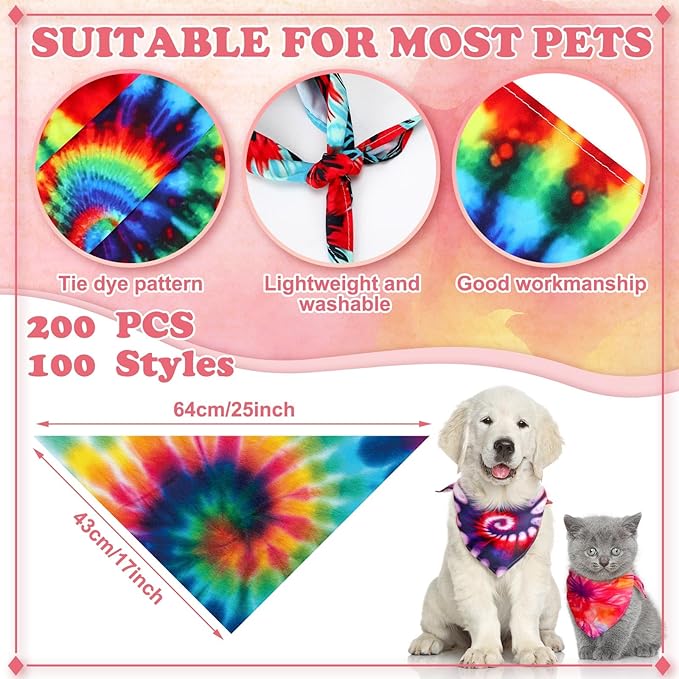 200 Pcs Dog Bandanas Bulk Pet Bibs Colorful Triangle Scarf Pet Bandanas for Medium Large Dogs Spring Summer Birthday Costume Decoration (Tie Dye)-PurrikoPets