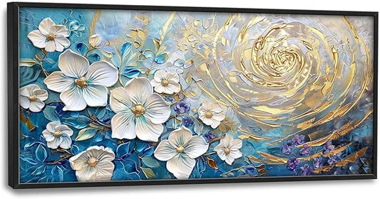 Flower Large Wall Art White Floral Pictures Abstract Golden Spiral Texture Wall Decor Canvas Print Painting Artwork for Bathroom Living Room Bedroom 60L" x 30W"-PurrikoPets