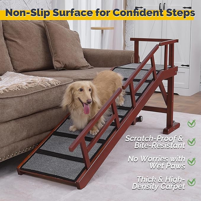Dog Ramp for Bed or Couch, Wooden Pet Ramp with 20° Gentle Slope, Removable Side Rails, Non-Slip Surface, Top Platform & Wheels, Safe Bed Ramp for Small, Medium & Senior Dogs, 60" Long, Mahogany-PurrikoPets