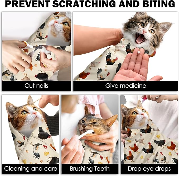 27.6"Cat Grooming Wrap, Self Adhesive Cat Wrap for Cutting Nails, Anti-Escape Calming Cat Swaddle Wrap for Medicine Ear Cleaning, Chicken Anti-Scratch Cats Burrito Restraint Blanket,Practical Pet Tool-PurrikoPets