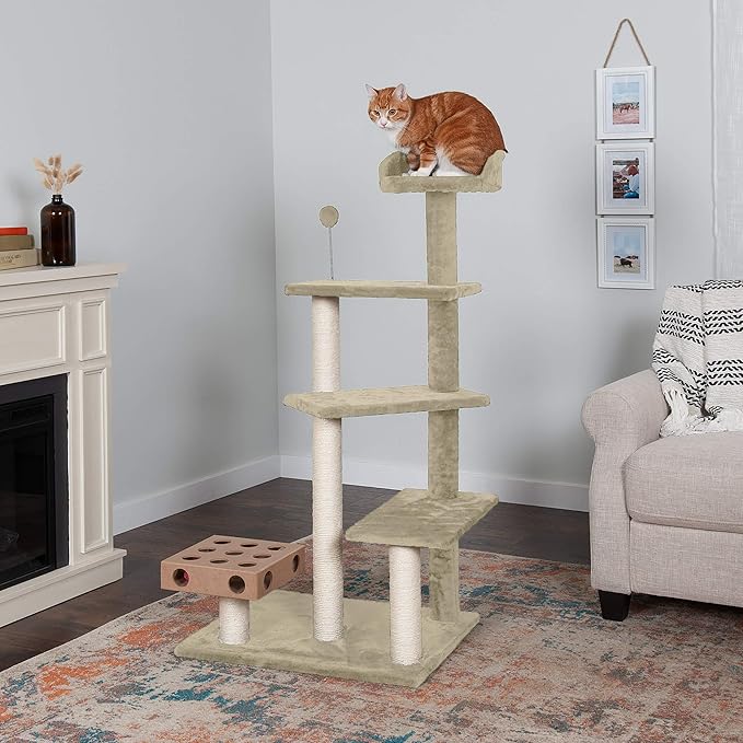 Furhaven 49.5" Tall Cat Tree for Indoor Cats, Ft. Sisal Scratching Posts, Plush Ball Toy, & Busy Box Toy - Tiger Tough Play Stairs Interactive Playground Tower - Cream, One Size-PurrikoPets