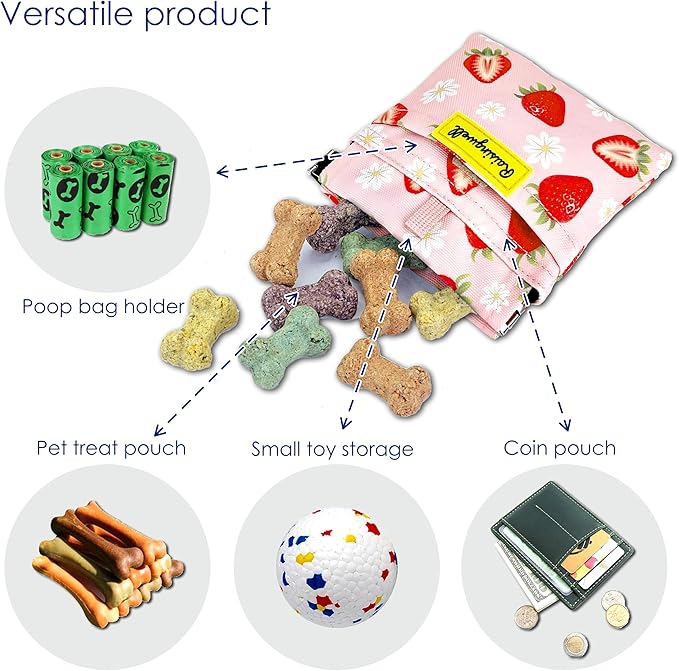 Dog Treat Pouch,Cotton Pocket Sized Training Holder, Hand Free Walking Funny Bag with Carabiner, Self-Closing Pet Feed Snack Reward, Behavior Aids for Puppy Travel or Outdoor Use（Strawberry）-PurrikoPets