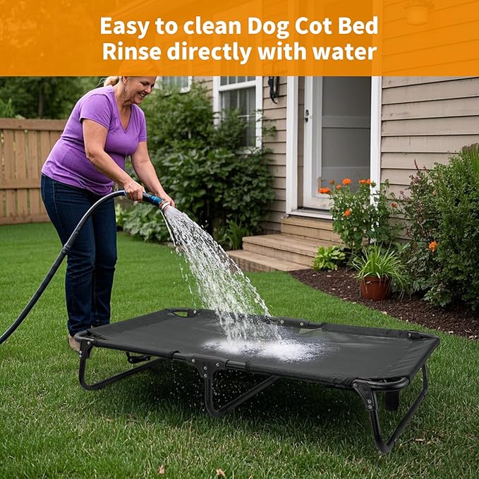 Elevated Dog Bed Large Sized Dog Cots Beds for Large Dogs Foldable Raised Dogs Beds Outdoor Cooling Chew-Proof, No Assembly Need, Black-PurrikoPets
