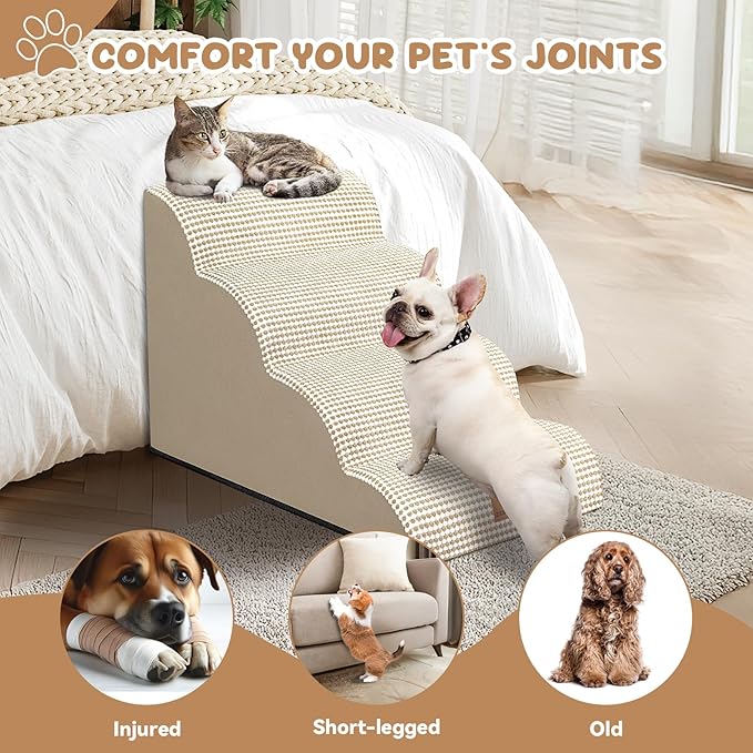 Dog Ramp and Stair for Bed 16" H-20 H,3-Step Cat Stair for Sofa and Chair,4-Step Dog Ramp for High Bed and Window,Durable Nonslip Fabric Cover for Indoor (Beige-20 H, Pet Friendly, 4)-PurrikoPets