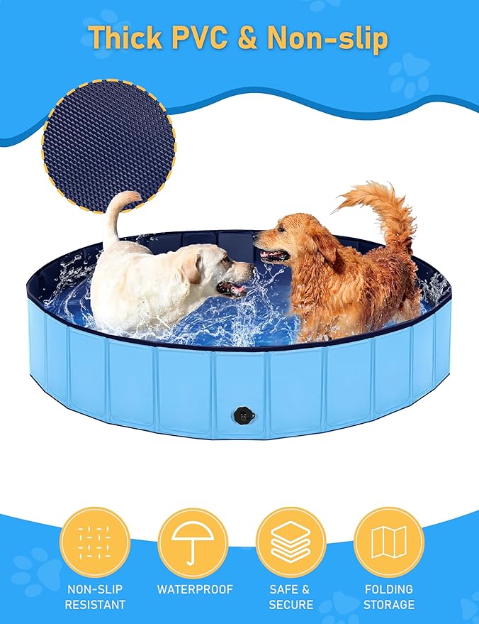 Foldable Dog Pool, Lexda Hard Plastic Shell Pet Swimming Pools for Large Dogs, Collapsible Plastic Pet Pool, Portable Bathing Tub for Dogs (79x12inch)-PurrikoPets