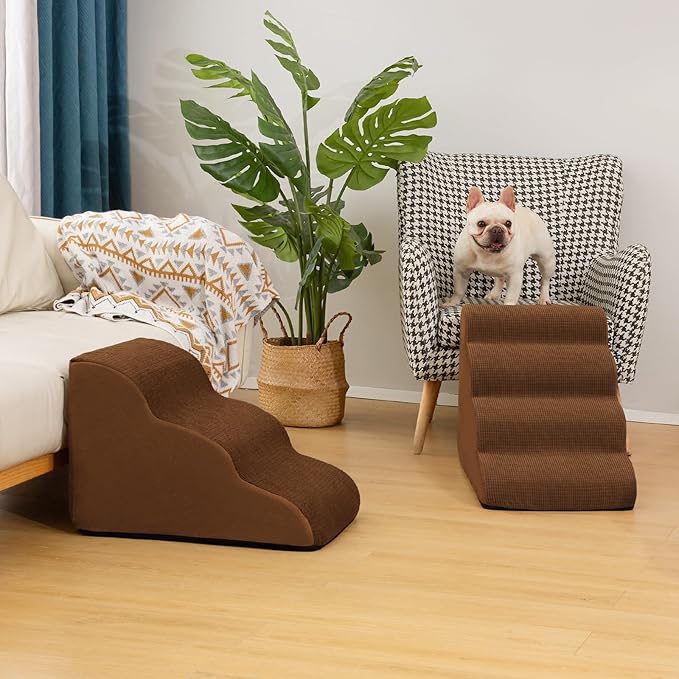 4-Step Dog Stairs and Ramp for Beds or Couches – Non-Slip Sturdy Pet Steps for Small Dogs and Cats,17.4" H,Brown-PurrikoPets