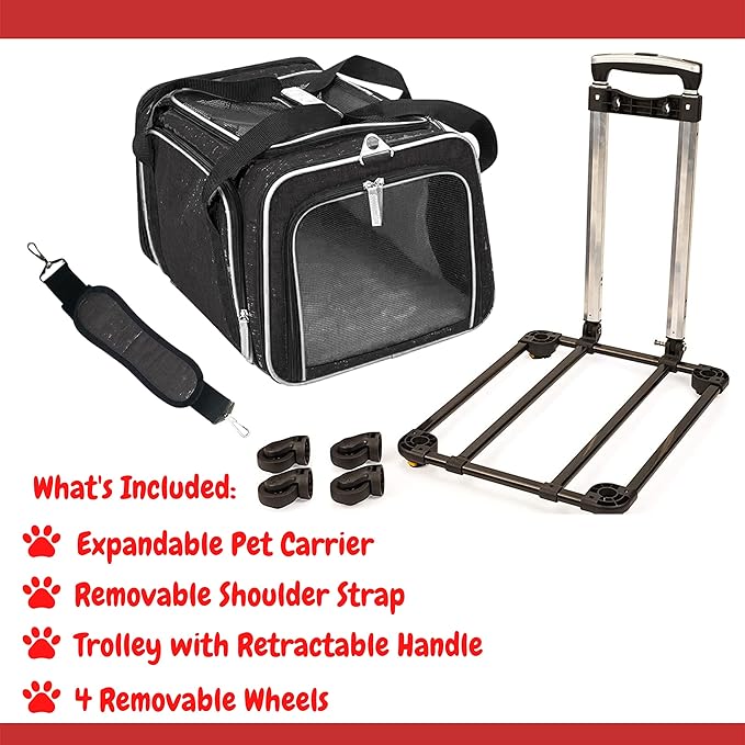 Airline Approved Expandable Premium Pet Carrier on Wheels- Two Sided Rolling Carrier- Designed for Dogs & Cats- Extra Spacious Soft Lined Carrier! (Black) (RL-PET-CARRIER-WHEELS)-PurrikoPets