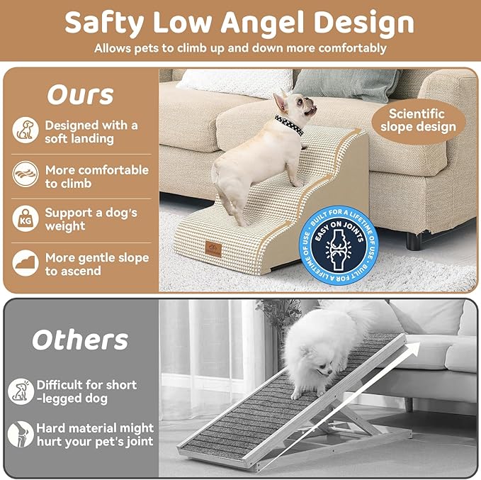 Dog Ramp and Stair for Bed 16" H-20 H,3-Step Cat Stair for Sofa and Chair,4-Step Dog Ramp for High Bed and Window,Durable Nonslip Fabric Cover for Indoor (Beige-16 H, Pet Friendly, 3)-PurrikoPets