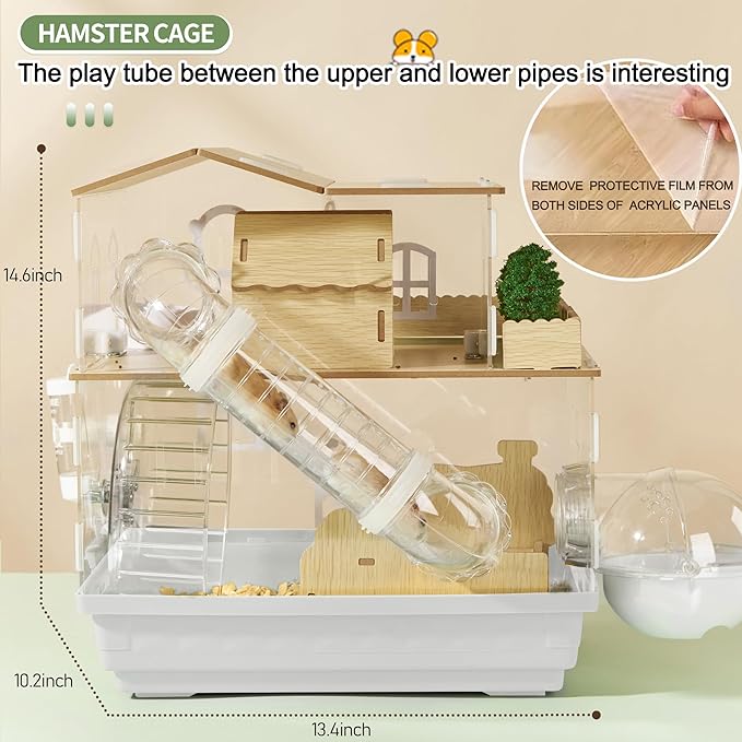 12 in 1 Clear Acrylic Hamster Cage with All Accessories,13.5''L* 10''W* 15''H Dwarf Hamster Cage,Magnetic Connection Small Hamster Enclosure,Garden Style Wooden Mouse Cage for Pet Mice(2-Layer,White)-PurrikoPets