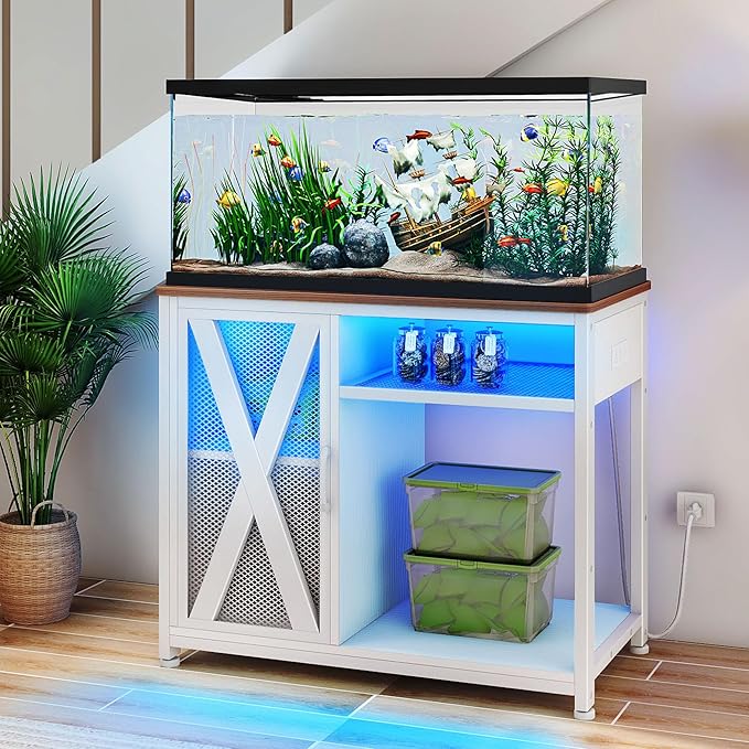 DWVO 40-50 Gallon Aquarium Stand with Power Outlets & LED Light, Cabinet for Fish Tank Accessories Storage - Metal Fish Tank Stand Suitable for Turtle Tank, Reptile Terrarium, 660LBS Capacity, White-PurrikoPets