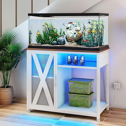 DWVO 40-50 Gallon Aquarium Stand with Power Outlets & LED Light, Cabinet for Fish Tank Accessories Storage - Metal Fish Tank Stand Suitable for Turtle Tank, Reptile Terrarium, 660LBS Capacity, White-PurrikoPets