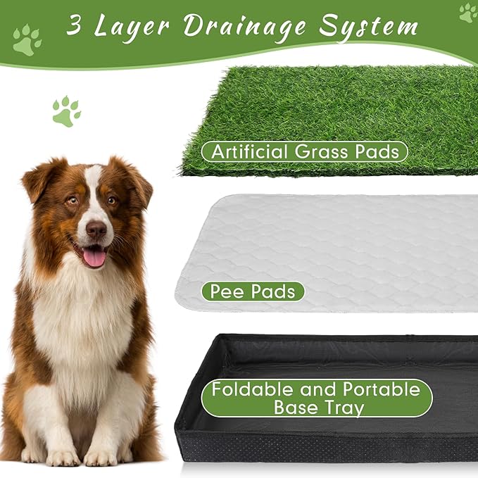 35'' x 22.6'' Dog Grass Pad Large Patch Potty with 2 Artificial Dog Grass Washable Puppy Pee Pad Foldable Dog Litter Box Indoor Outdoor Dog Potty Portable Pet Loo for Travel Balcony-PurrikoPets