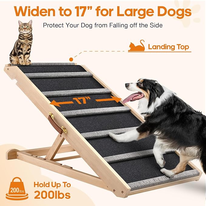 Dog Ramp for Bed - Extra Wide - Excellent Traction, Pet Ramp for Small Large Dogs to Get on Couch Car, Non-Slip Rubber Surface, 17’’W, Hold up to 200lb, Adjustable, Foldable (200LBS)-PurrikoPets
